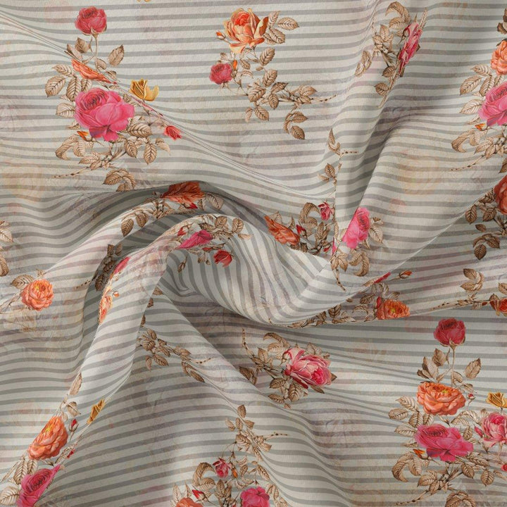 Peony Floral Strips Orange With Red Digital Printed Fabric - FAB VOGUE Studio®