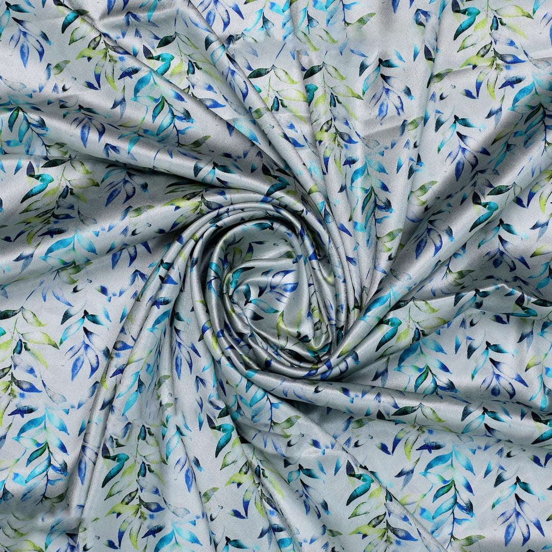 Green And Bluish Leaves Motif Digital Printed Fabric - Japan Satin - FAB VOGUE Studio®
