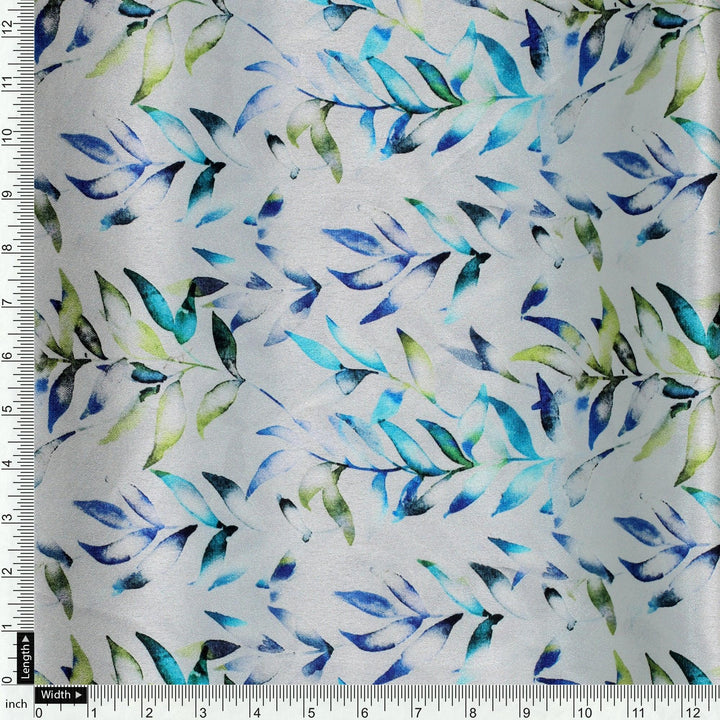 Green And Bluish Leaves Motif Digital Printed Fabric - Japan Satin - FAB VOGUE Studio®