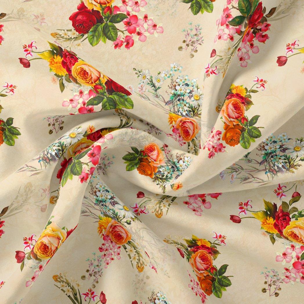 Multicolour Red And Yellow Roses Digital Printed Fabric - FAB VOGUE Studio®