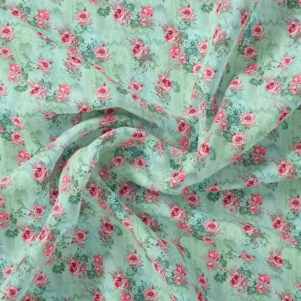 Pink Roses With Pista Background Roses Digital Printed Fabric – js 0 ma08612 110 pink roses with pista background roses digital printed fabric 1