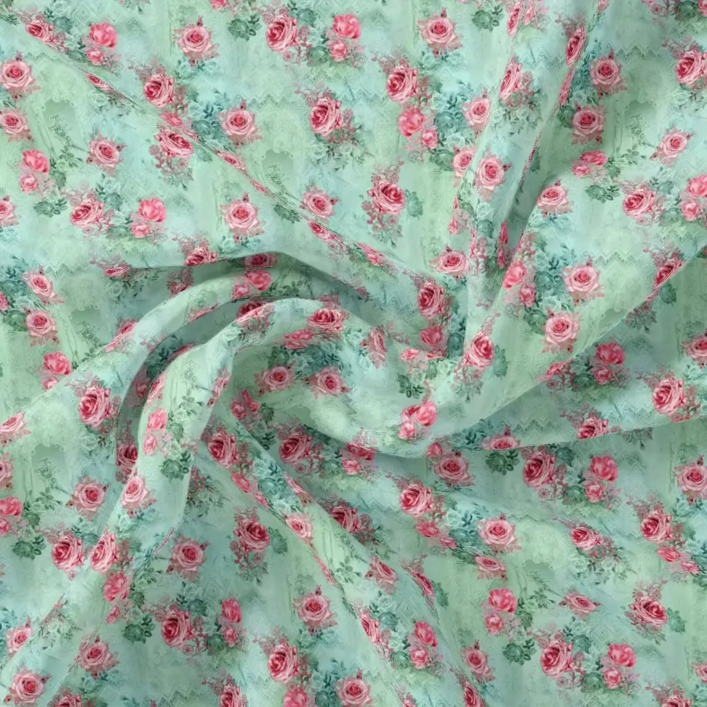 Pink Roses With Pista Background Roses Digital Printed Fabric – js 0 ma08612 110 pink roses with pista background roses digital printed fabric 1