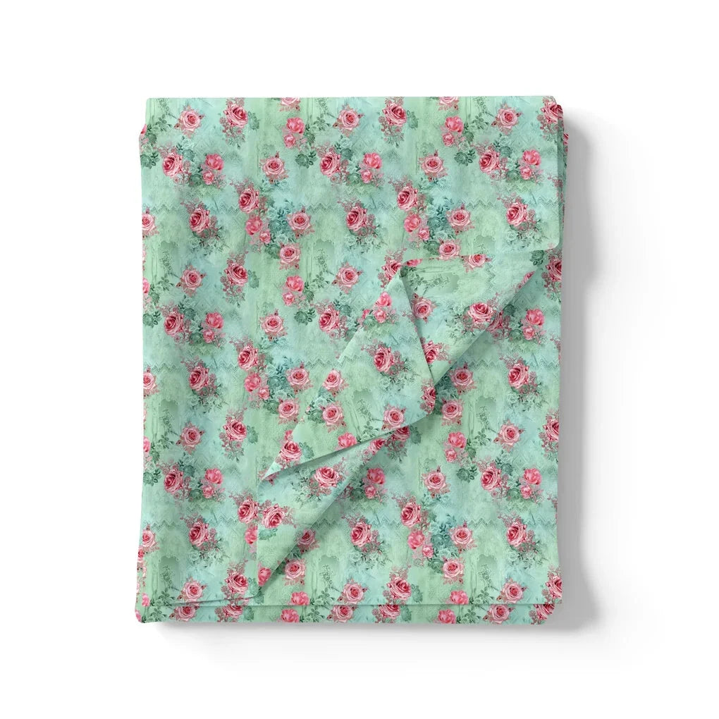 Pink Roses With Pista Background Roses Digital Printed Fabric – js 0 ma08612 110 pink roses with pista background roses digital printed fabric 3
