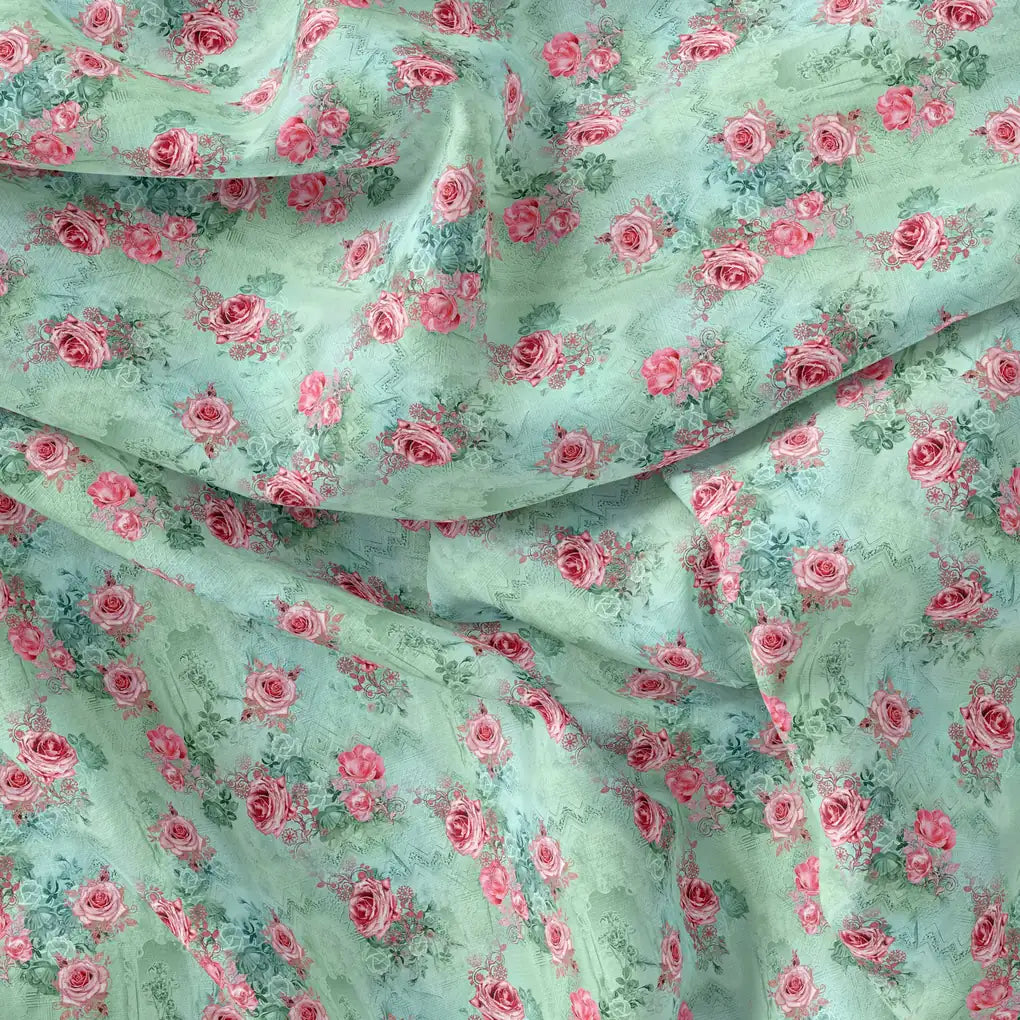 Pink Roses With Pista Background Roses Digital Printed Fabric – js 0 ma08612 110 pink roses with pista background roses digital printed fabric 4