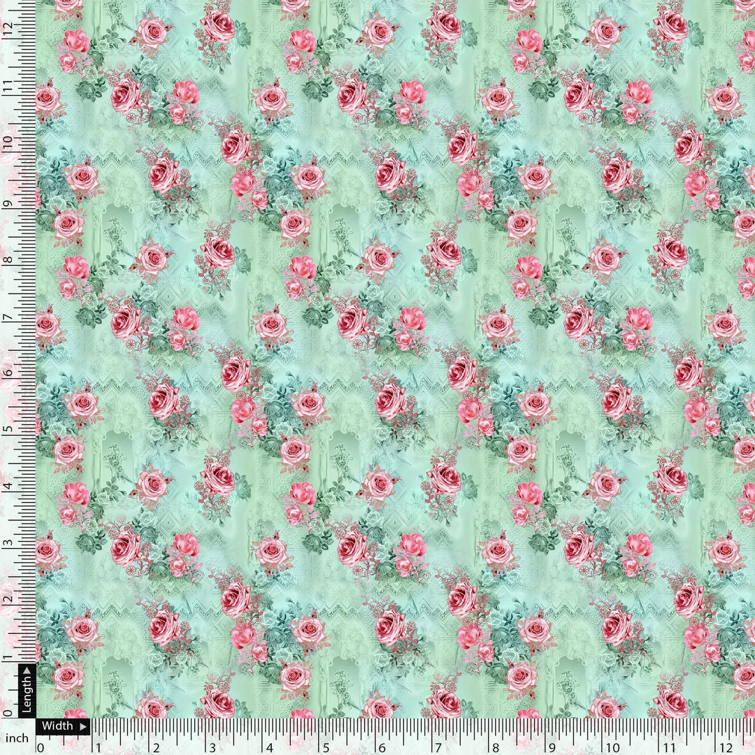 Pink Roses With Pista Background Roses Digital Printed Fabric - FAB VOGUE Studio®