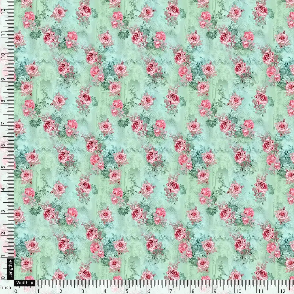 Pink Roses With Pista Background Roses Digital Printed Fabric – js 0 ma08612 110 pink roses with pista background roses digital printed fabric 5