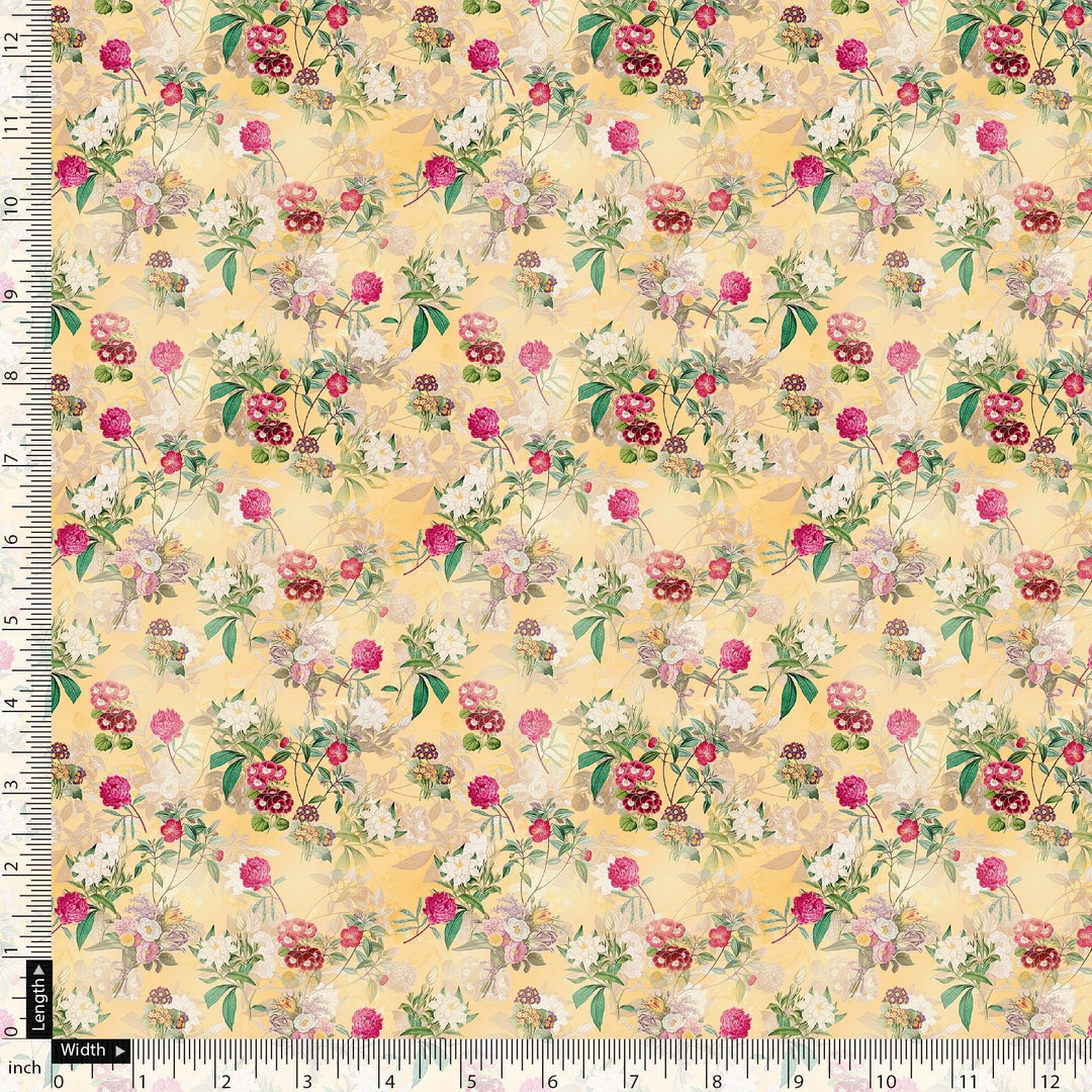White Lily With Cherry Blossom Floral Flower Digital Printed Fabric - FAB VOGUE Studio®