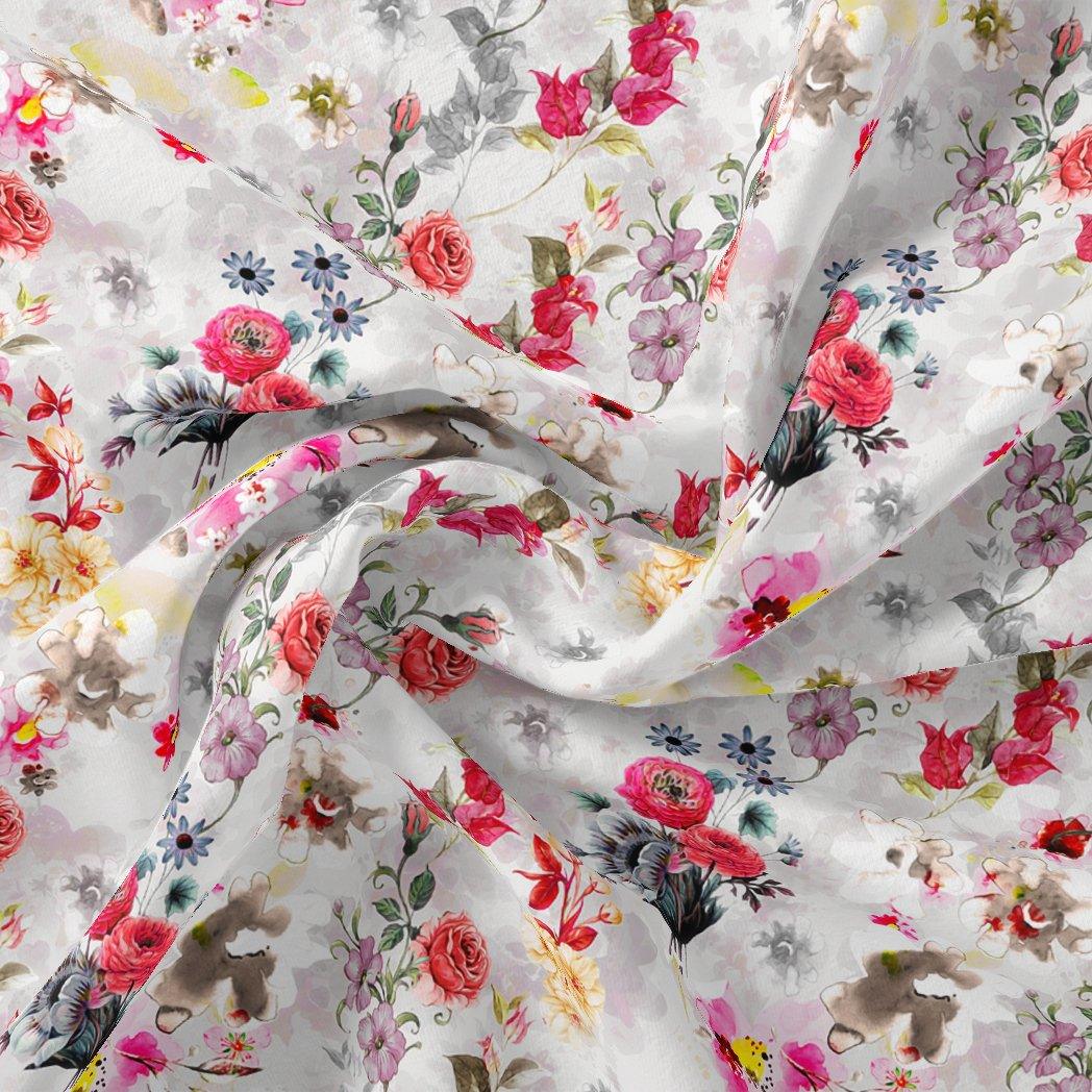 Beautiful Red And Pink Camellia Rose Of Branch Digital Printed Fabric - FAB VOGUE Studio®