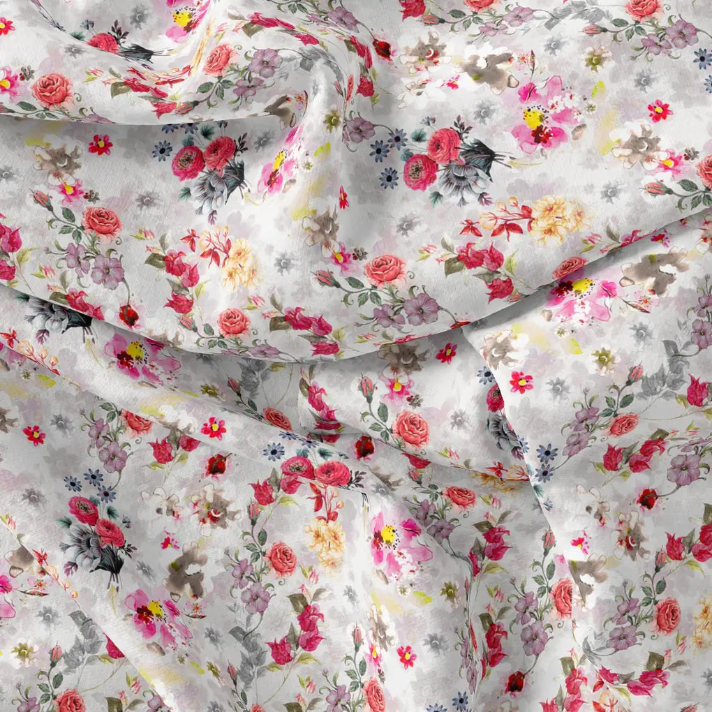 Beautiful Red And Pink Camellia Rose Of Branch Digital Printed Fabric - FAB VOGUE Studio®
