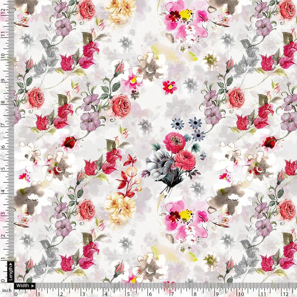 Beautiful Red And Pink Camellia Rose Of Branch Digital Printed Fabric - FAB VOGUE Studio®
