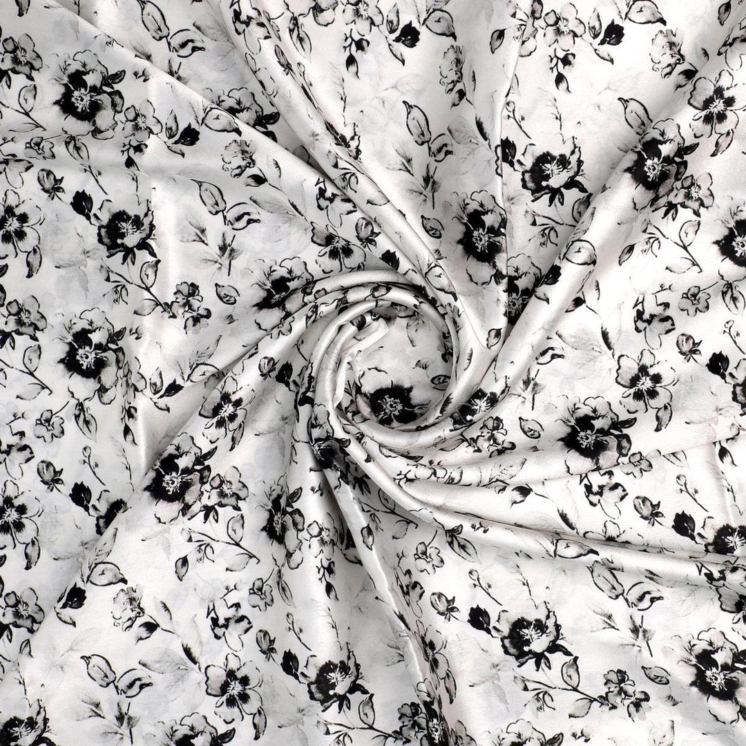 Black And White Orchid Digital Printed Fabric - Japan Satin - FAB VOGUE Studio®