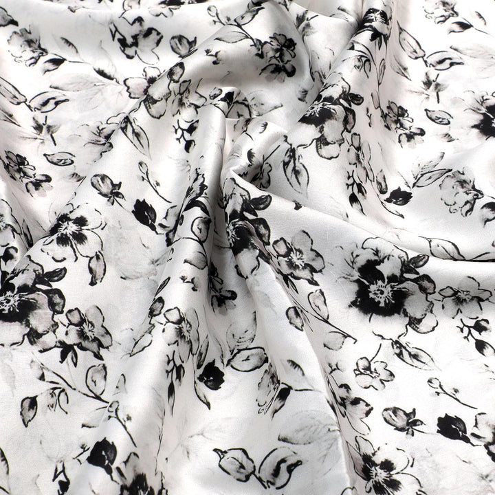 Black And White Orchid Digital Printed Fabric - Japan Satin - FAB VOGUE Studio®
