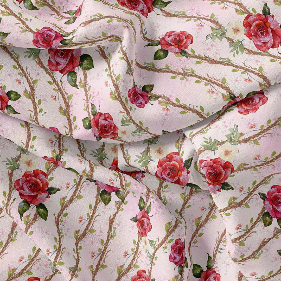 Autumnal Red Roses With Leaves Digital Printed Fabric - FAB VOGUE Studio®