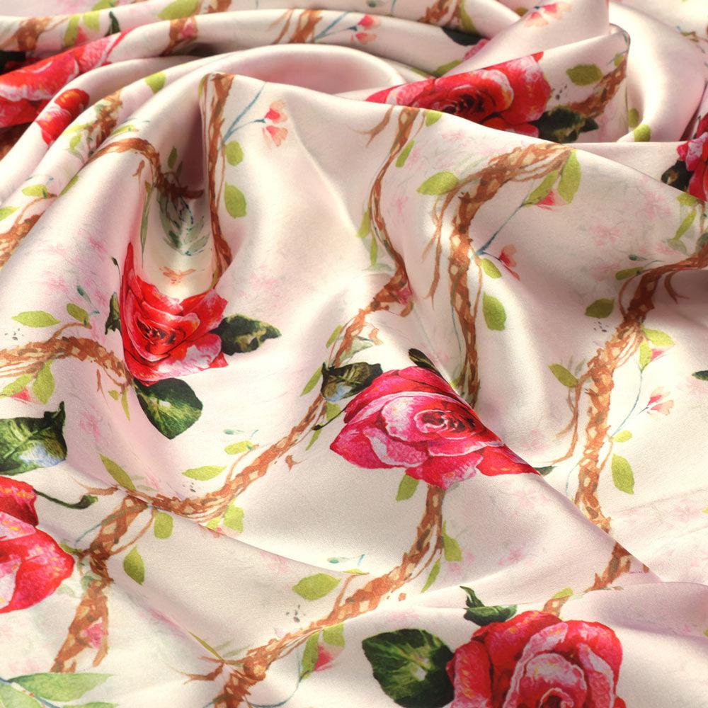 Autumnal Red Roses With Leaves Digital Printed Fabric - Japan Satin - FAB VOGUE Studio®