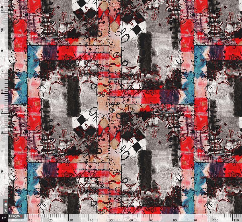 Red And Grey Square Block Repeat Digital Printed Fabric - FAB VOGUE Studio®