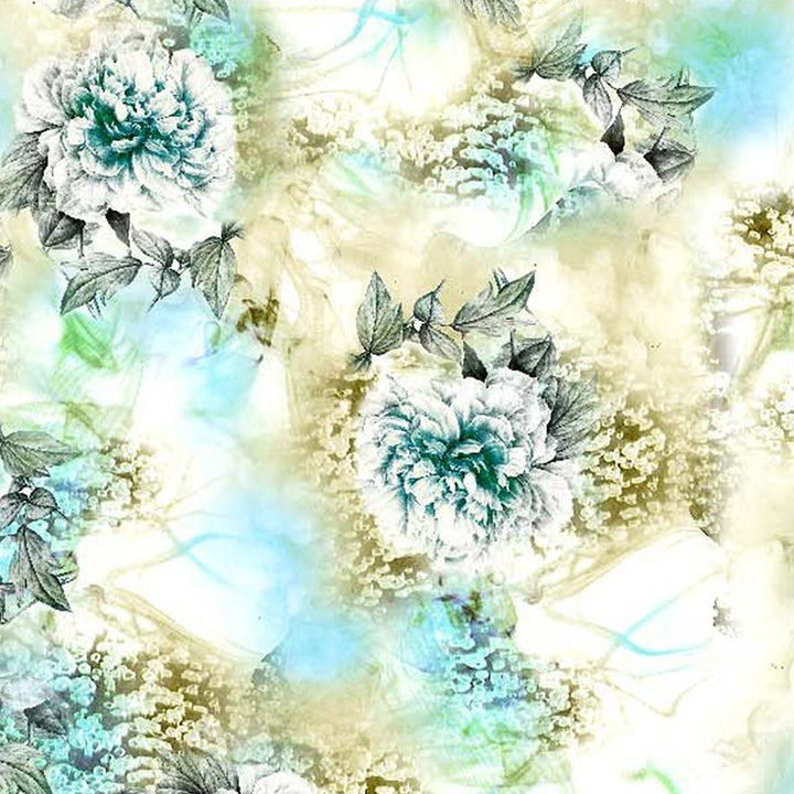 White And Ocean Blue Floral Repeat Digtal Printed Fabric - FAB VOGUE Studio®