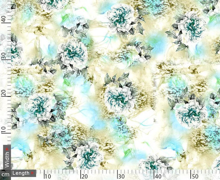 White And Ocean Blue Floral Repeat Digtal Printed Fabric - FAB VOGUE Studio®