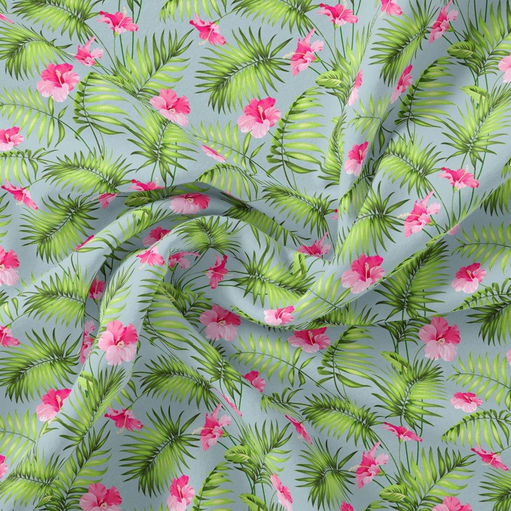 Tropical Leaves Pink Hibiscus Flower Digital Printed Fabric - FAB VOGUE Studio®