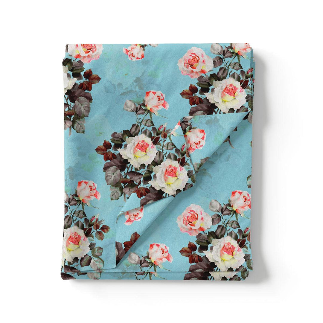 Sky Blue Flower Printed Japan Satin Fabric Material - FAB VOGUE Studio®