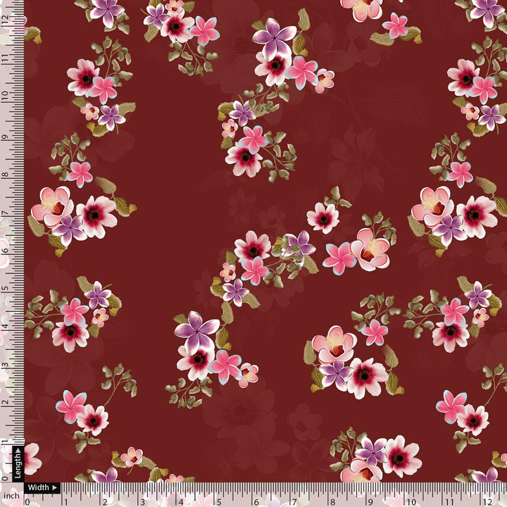 Floating Flowers With Marron Red Digital Printed Fabric - Japan Satin - FAB VOGUE Studio®