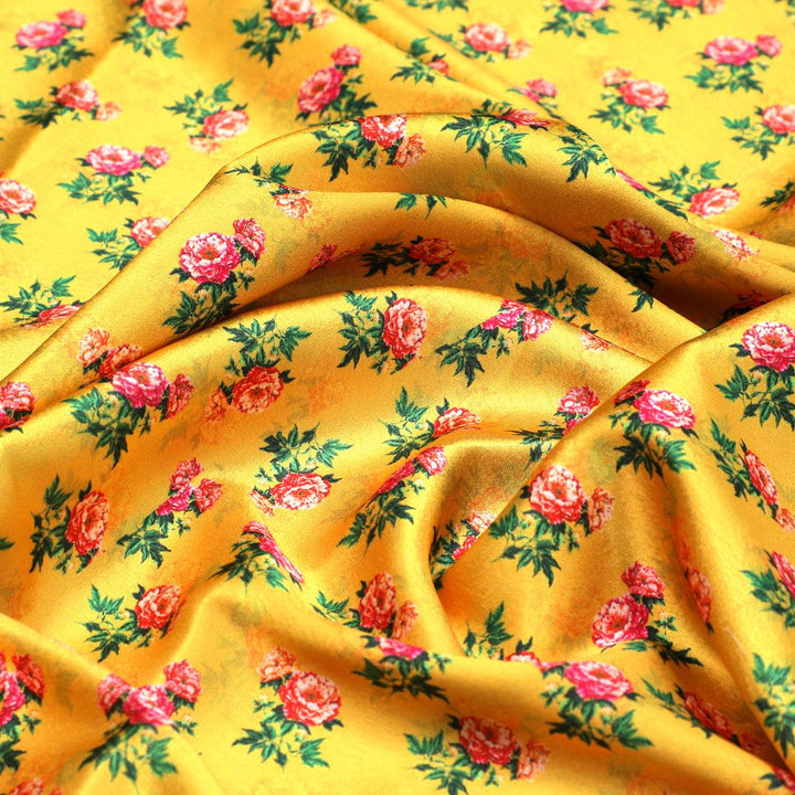 Pink Tiny Flower With Yellow Digital Printed Fabric - Japan Satin - FAB VOGUE Studio®