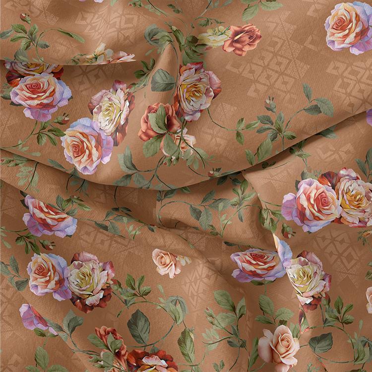 Oil Painted Flowers On Brown Digital Printed Fabric – js 0 ta05665p2 110 oil painted flowers on brown digital printed fabric 1