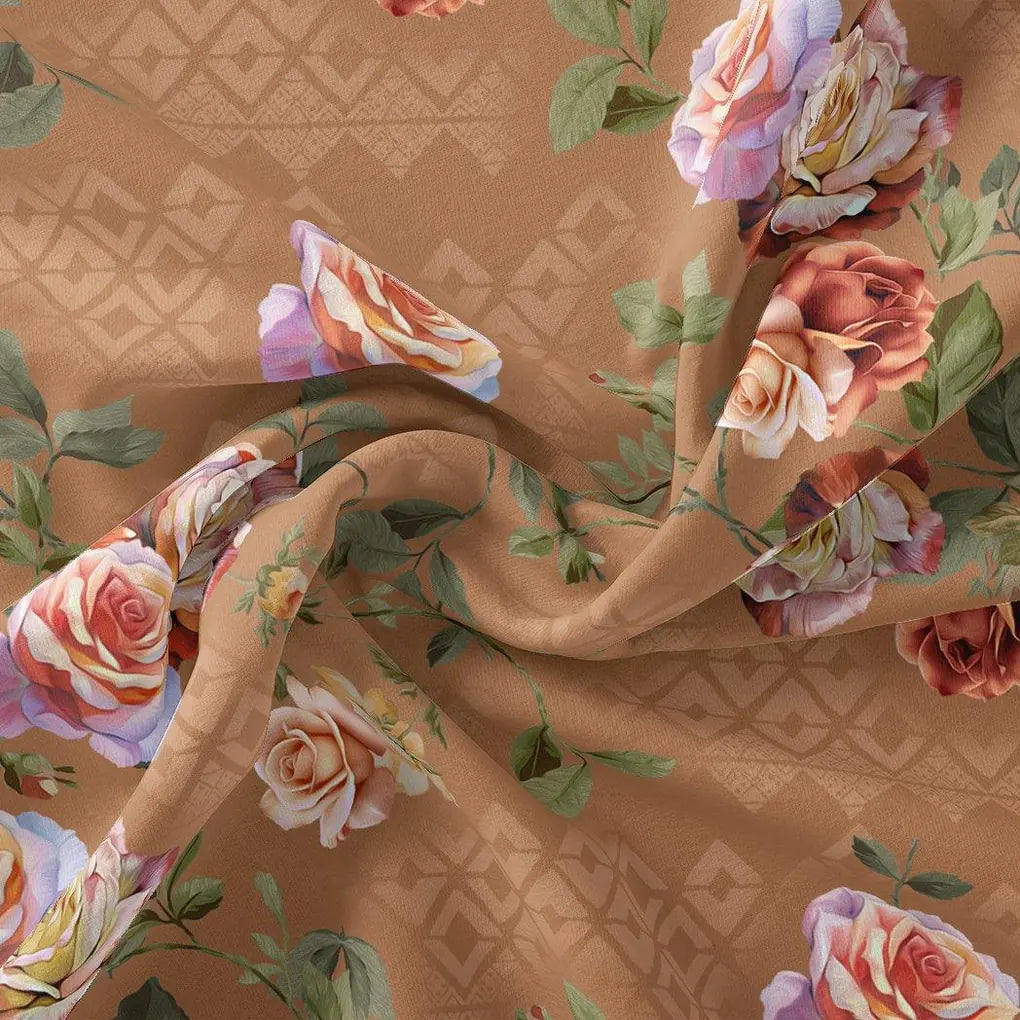 Oil Painted Flowers On Brown Digital Printed Fabric – js 0 ta05665p2 110 oil painted flowers on brown digital printed fabric 3