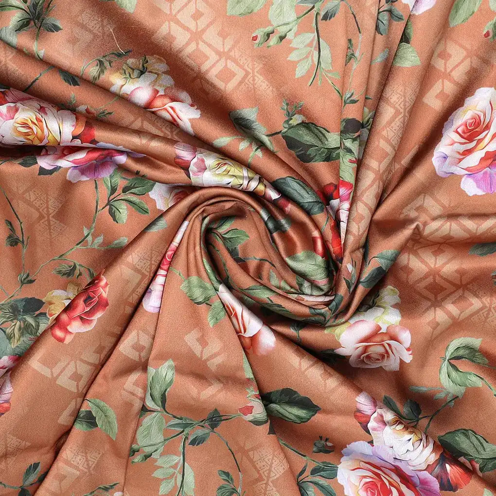 Oil Painted Flowers On Brown Digital Printed Fabric - Japan Satin – js 0 ta05665p2 110 oil painted flowers on brown digital printed fabric japan satin 1