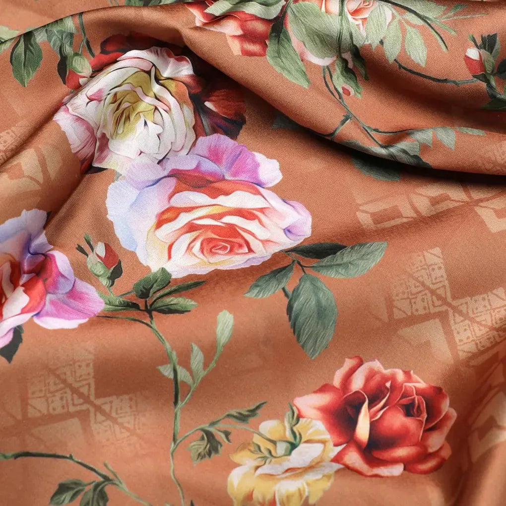 Oil Painted Flowers On Brown Digital Printed Fabric - Japan Satin – js 0 ta05665p2 110 oil painted flowers on brown digital printed fabric japan satin 3