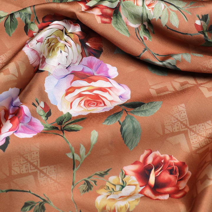Oil Painted Flowers On Brown Digital Printed Fabric - Japan Satin - FAB VOGUE Studio®