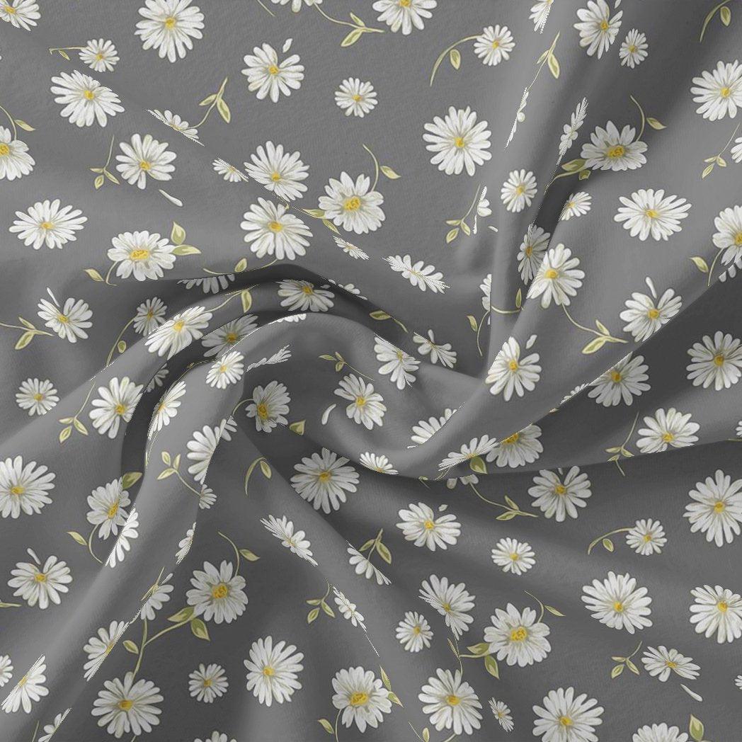 White Aster With Gray Background Digital Printed Fabric - FAB VOGUE Studio®