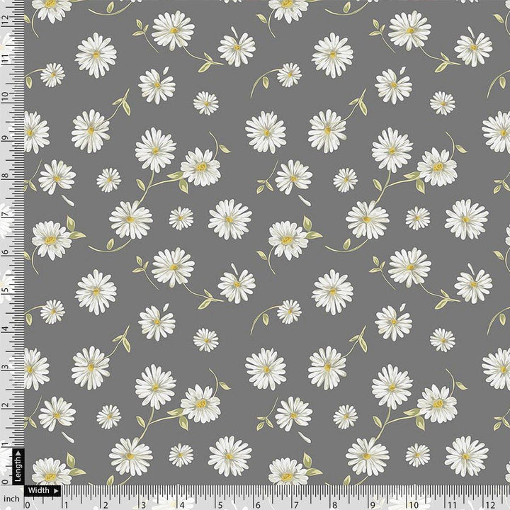 White Aster With Gray Background Digital Printed Fabric - FAB VOGUE Studio®