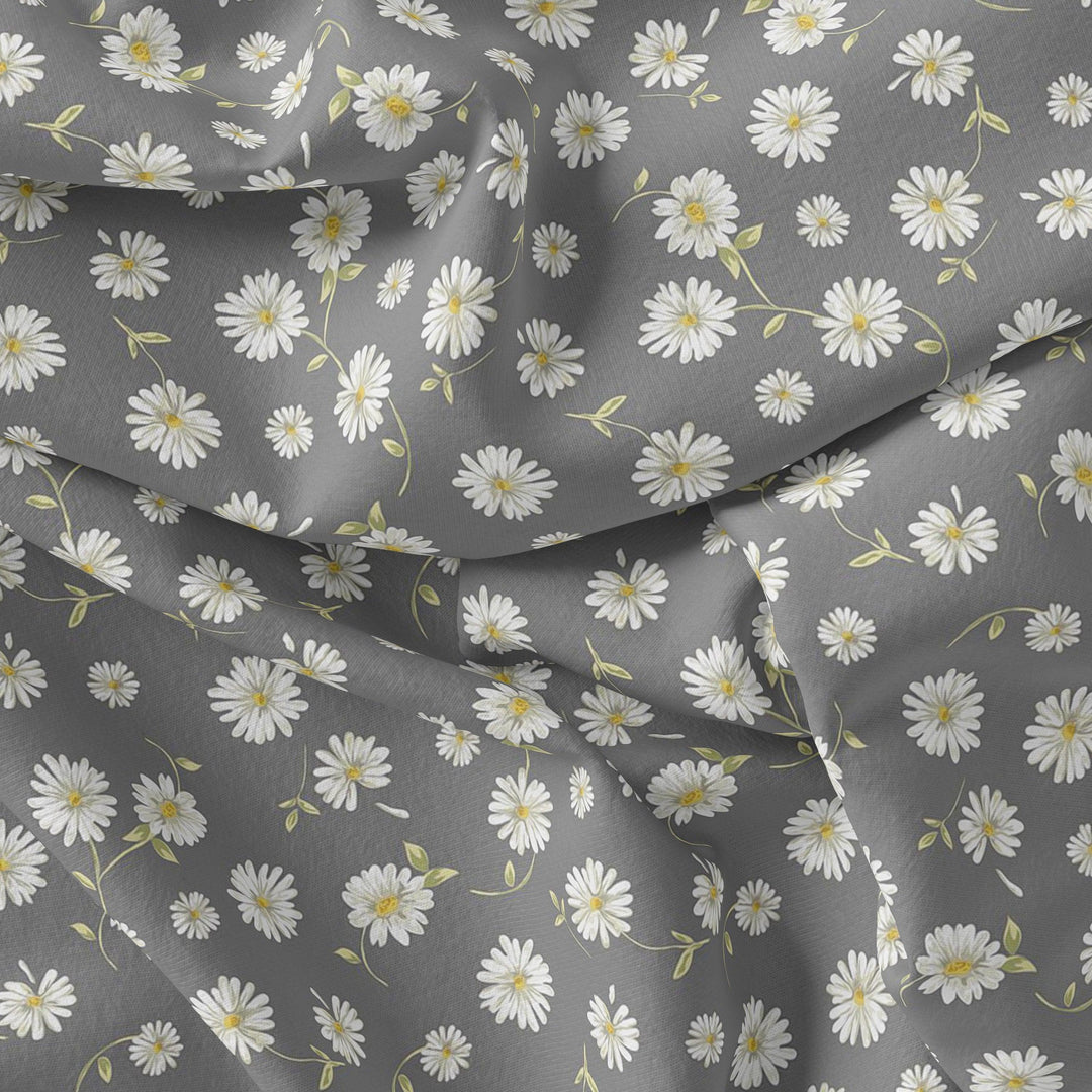 White Aster With Gray Background Digital Printed Fabric - Japan Satin - FAB VOGUE Studio®