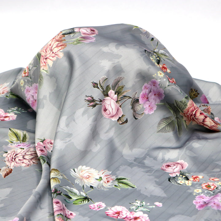 High Quality Multicolor Floral on Grey Base Digitally Printed Fabrics - FAB VOGUE Studio®