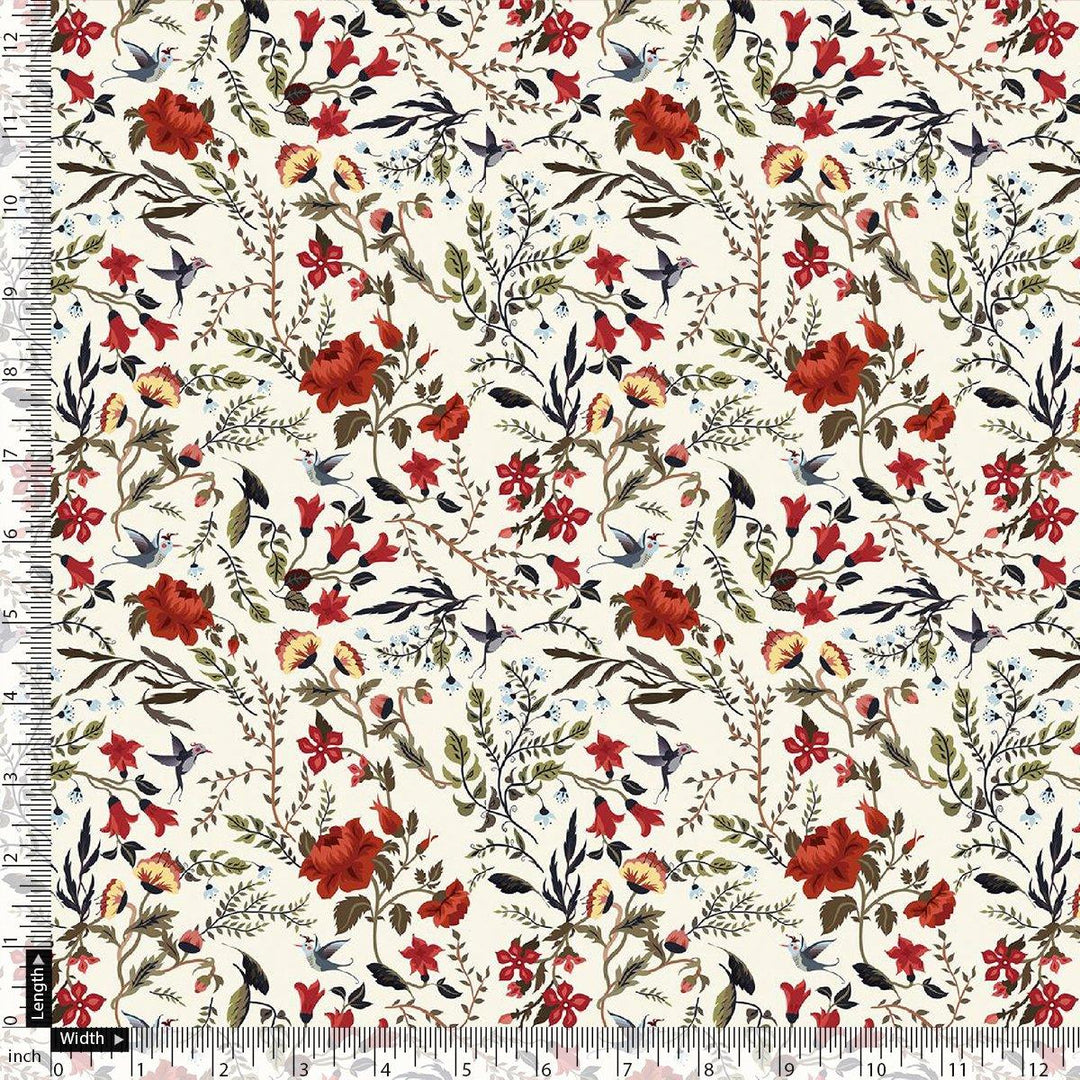 Jungle Wally Of Flower With Humming Bird Digital Printed Fabric - FAB VOGUE Studio®