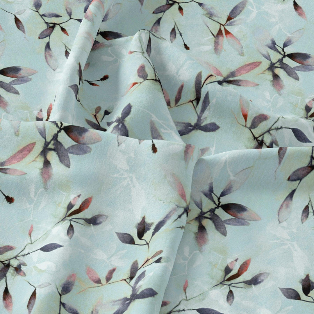 Bluish Thin And Light Leaves Digital Printed Fabric - FAB VOGUE Studio®