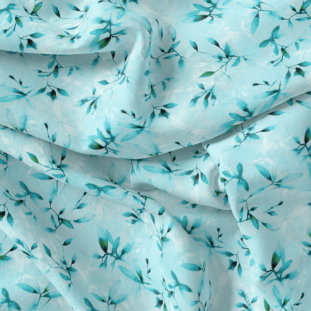 Attractive Sky Blue Leaves Digital Printed Fabric - FAB VOGUE Studio®