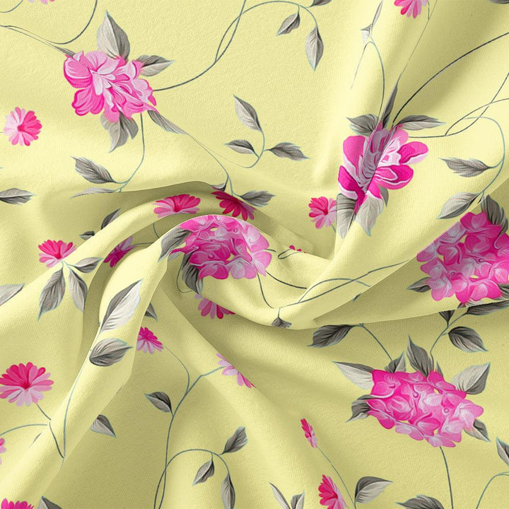 Pink Flower On Lemon Yellow Digital Printed Fabric - Japan Satin - FAB VOGUE Studio®