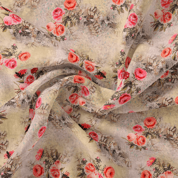 Vintage Art Of Roses With Leaves Digital Printed Fabric - Japan Satin - FAB VOGUE Studio®