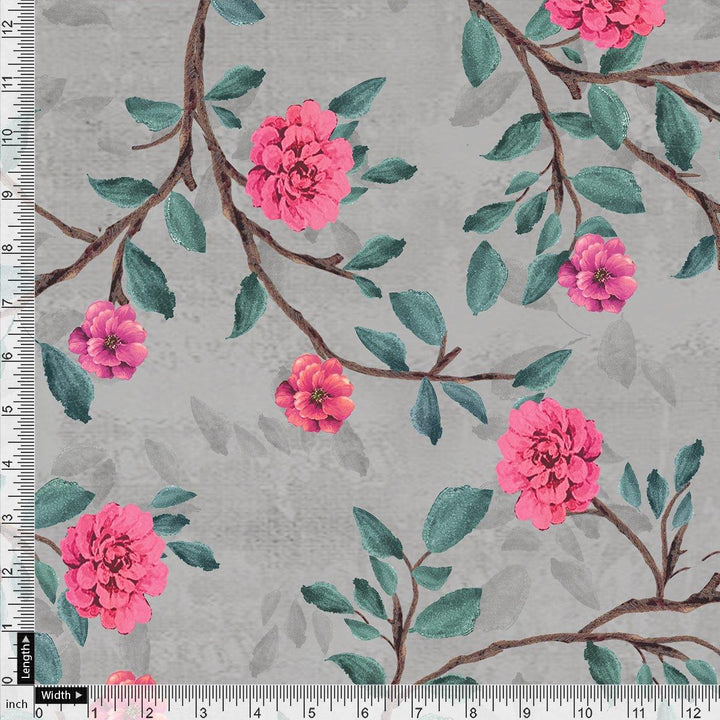 Pink Flower And Branch Digital Printed Fabric - Japan Satin - FAB VOGUE Studio®