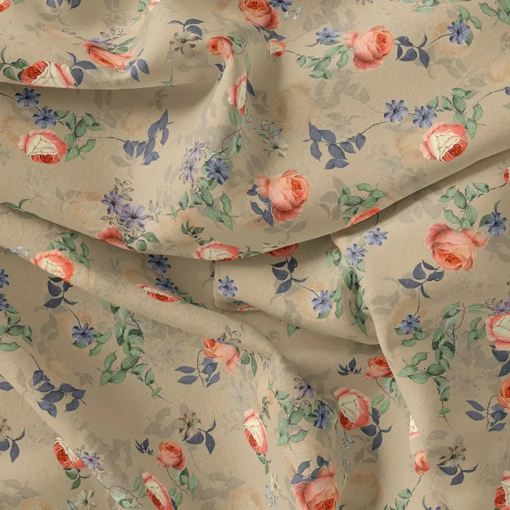 Blooming Orange Roses With Purple Floral Digital Printed Fabric - Japan Satin – js 0 ta06659p4 110 blooming orange roses with purple floral digital printed fabric japan satin 4