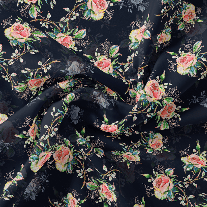 Colourful Roses With Multicolour Branch Digital Printed Fabric - Japan Satin - FAB VOGUE Studio®