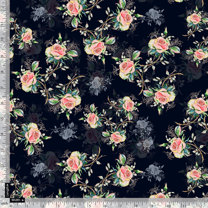 Colourful Roses With Multicolour Branch Digital Printed Fabric - Japan Satin - FAB VOGUE Studio®