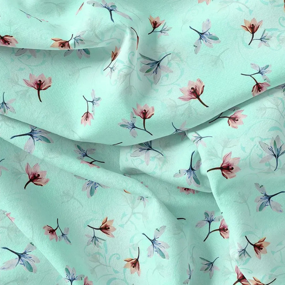 Brown Floating Flower On Rama Green Digital Printed Fabric  - Japan Satin – js 0 ta06994p1 110 brown floating flower on rama green digital printed fabric japan satin 1