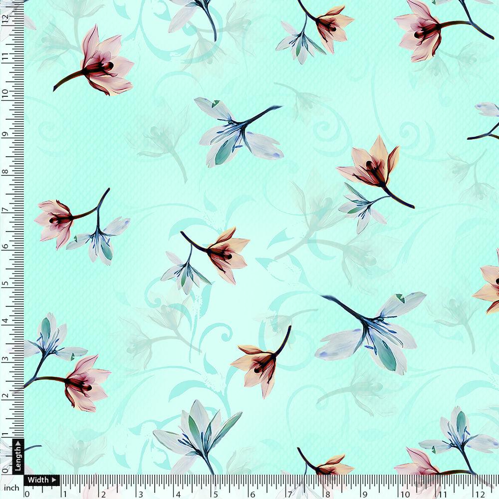 Brown Floating Flower On Rama Green Digital Printed Fabric - Japan Satin - FAB VOGUE Studio®