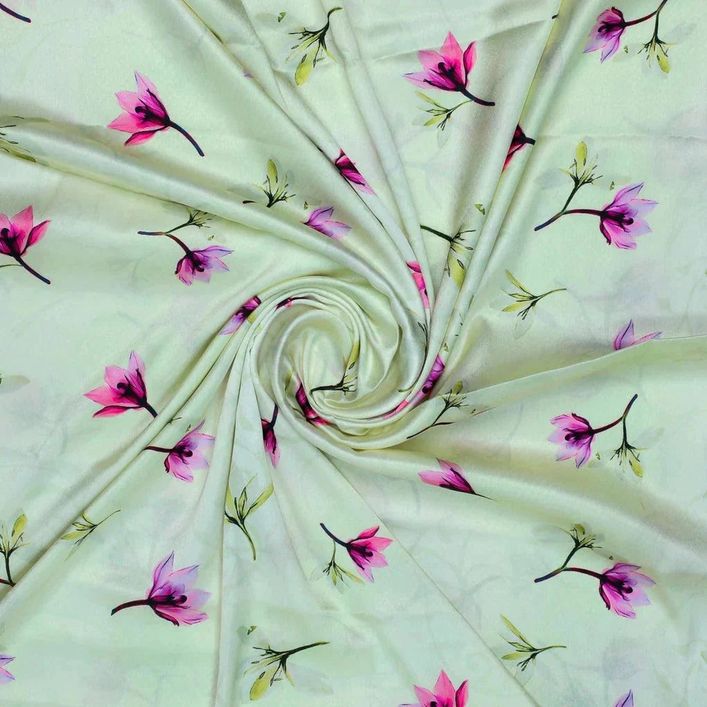 Pink Red Floating Flower On Lemon Yellow Digital Printed Fabric  - Japan Satin – js 0 ta06994p2 110 pink red floating flower on lemon yellow digital printed fabric japan satin 1
