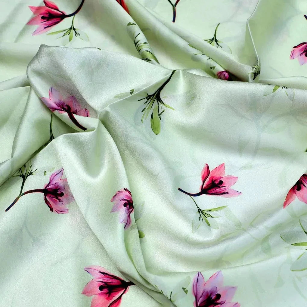 Pink Red Floating Flower On Lemon Yellow Digital Printed Fabric  - Japan Satin – js 0 ta06994p2 110 pink red floating flower on lemon yellow digital printed fabric japan satin 3