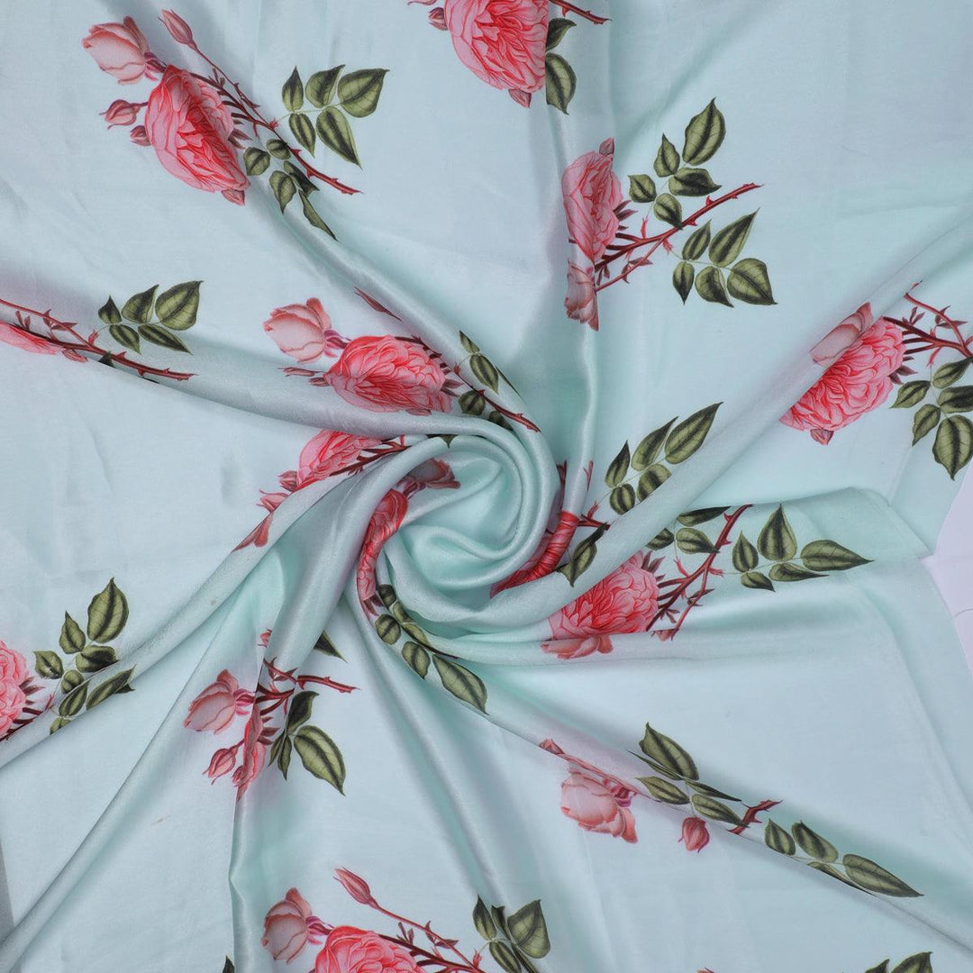 Red Rose Laying Over Sky Blue Digital Printed Fabric - FAB VOGUE Studio®