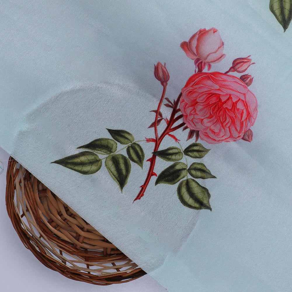 Red Rose Laying Over Sky Blue Digital Printed Fabric - FAB VOGUE Studio®