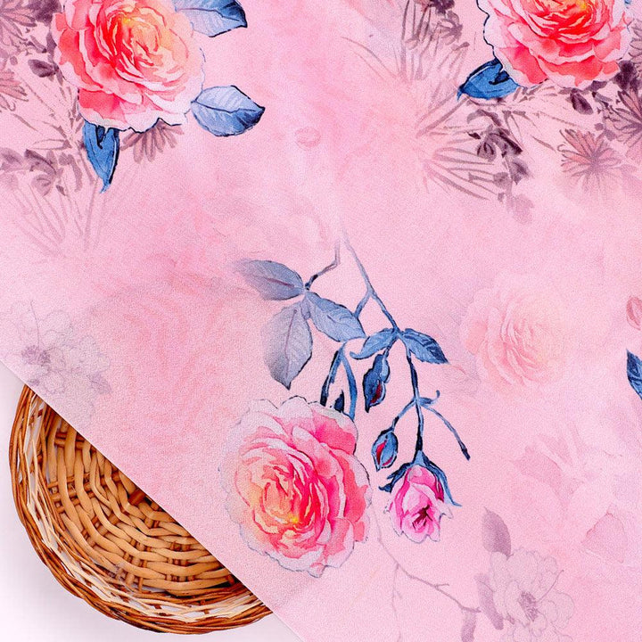 Roses Floating on Pink Base Digital Printed Fabric - FAB VOGUE Studio®